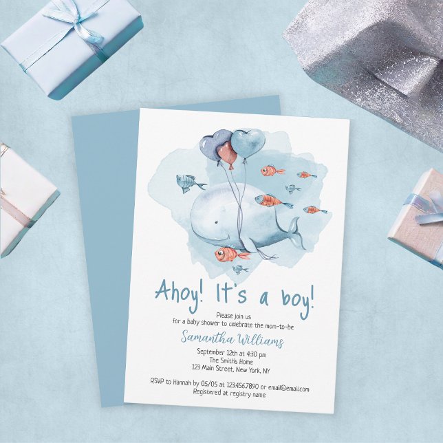 Convites Ahoy, é um Chá de fraldas de baleia giro (Ahoy It's A Boy Cute Whale Baby Shower Invitation
)