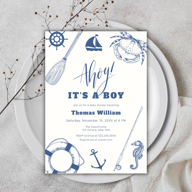 Convites Ahoy, é um Chá de fraldas de pesca náutica (Ahoy It's A Boy Nautical Fishing Baby Shower Invitation)