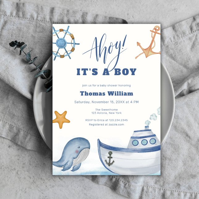 Convites Ahoy, é um Chá de fraldas de veleiro de baleia (Ahoy It's A Boy Whale Sailboat Baby Shower Invitation)