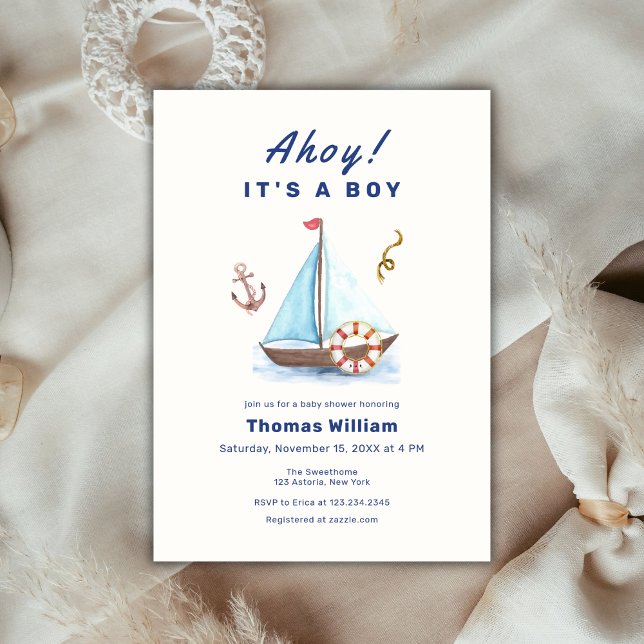 Convites Ahoy, é um Chá de fraldas de veleiro náutico (Ahoy It's A Boy Nautical Sailboat Baby Shower Invitation)