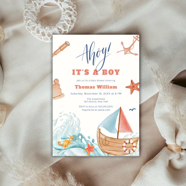 Convites Ahoy, é um Chá de fraldas de veleiro para garotos  (Ahoy It's A Boy Adventure Sailboat Baby Shower Invitation)