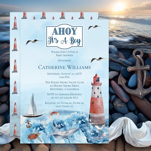 Convites Ahoy, é um Chá de fraldas do Oceano Farol (Ahoy It's A Boy Lighthouse Ocean-Themed Nautical Boy Baby Shower Invitation - Print | Digital)