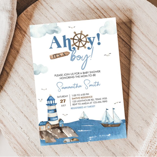 Convites Ahoy, é um Chá de fraldas náutico (Blue Boy Baby Shower Invitation)