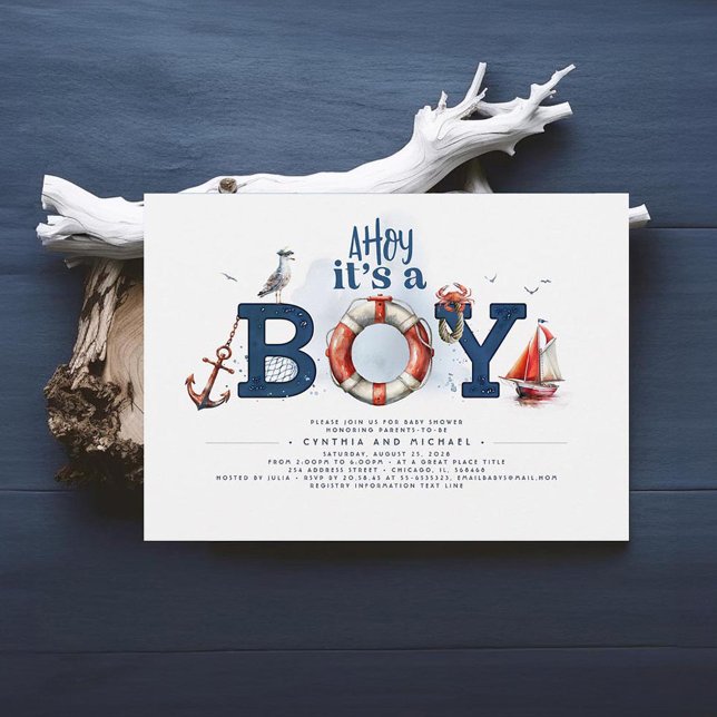 Convites Ahoy, é um Chá de fraldas náutico bonitinho (Nautical Baby Shower Invitations)