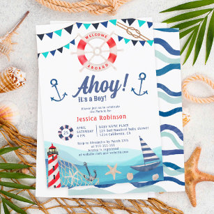 Convites Ahoy é um chá de fraldas vermelho azul-azul de bar