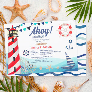 Convites Ahoy é um chá de fraldas vermelho azul-azul de bar