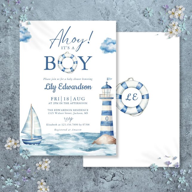 Convites Ahoy É Um Menino Azul Chuveiro de Bebê Náutico (Ahoy Its A Boy Blue Nautical Baby Shower Invitation)