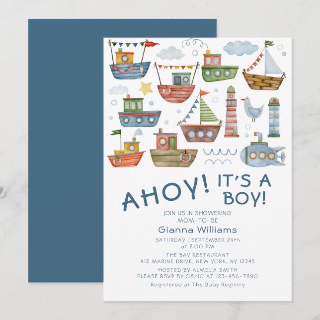 Convites Ahoy É um Menino Chá de Bebê Náutico (Frente/Verso)