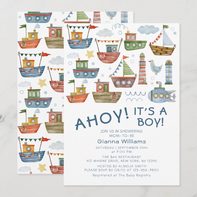 Convites Ahoy É um Menino Chá de Bebê Náutico (Frente/Verso)