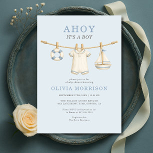 Convites Ahoy É um Menino Chuvador de Roupas Azuis para Chá