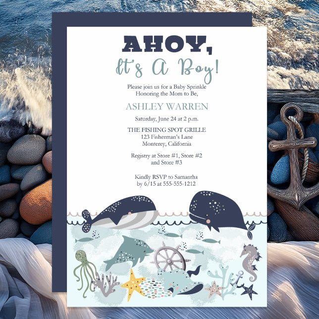 Convites Ahoy, é um menino debaixo do mar, Chá de borrifada (Ahoy It's A Boy Under the Sea Baby Sprinkle Shower Invitation)