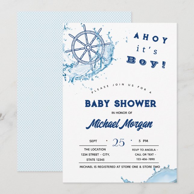 Convites Ahoy, é um menino, roda náutica (Frente/Verso)