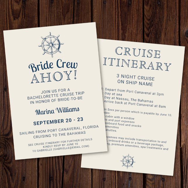 Convites Ahoy Itinerário da Tripa de Cruzeiro de Bacheloret (Bride crew ahoy! Bachelorette cruise trip invitation on a dark wooden background. )
