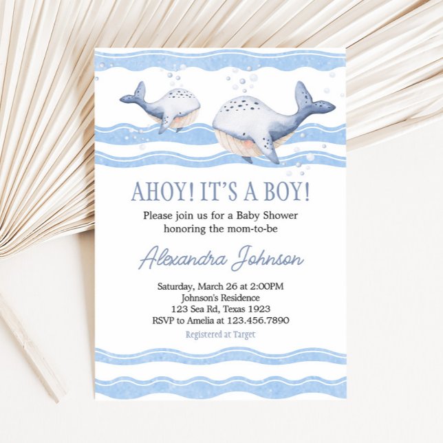 Convites Ahoy It's a Boy Whale Baby Shower  (Ahoy Whale Baby Shower Invitation)