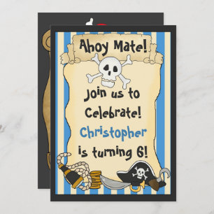 Convites Ahoy Mate! Crânio Pirata em Azul Crossbones Aniver