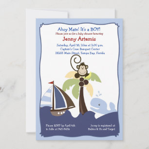 Convites Ahoy Mate Whale, Sailboat & Monkey Invation 5x7