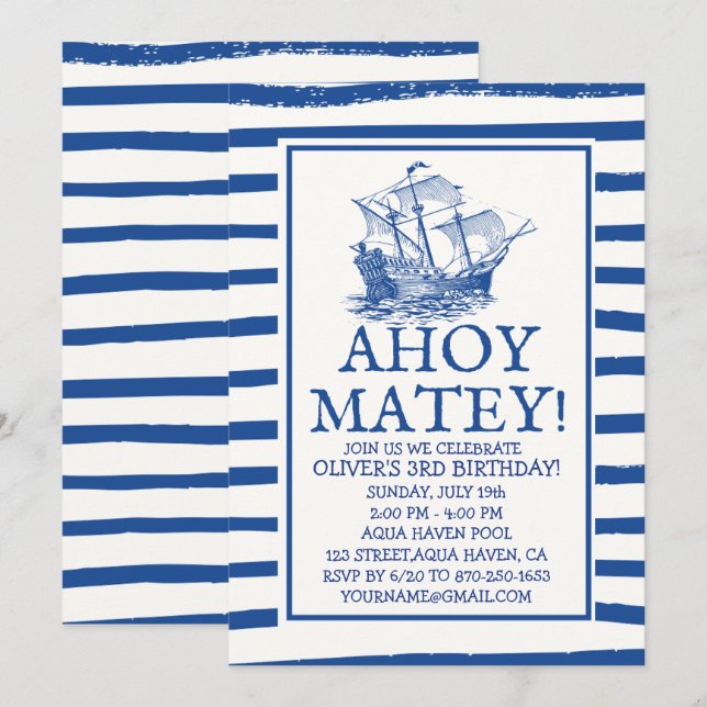 Convites Ahoy Matey! Aniversário do Navio Pirata Negro (Frente/Verso)