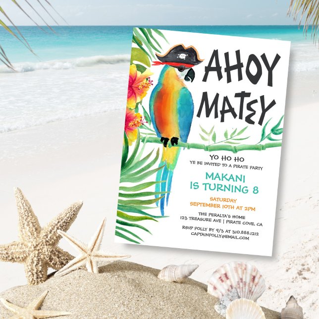 Convites Ahoy Matey Pirate Parrot Tropical Birday (Criador carregado)