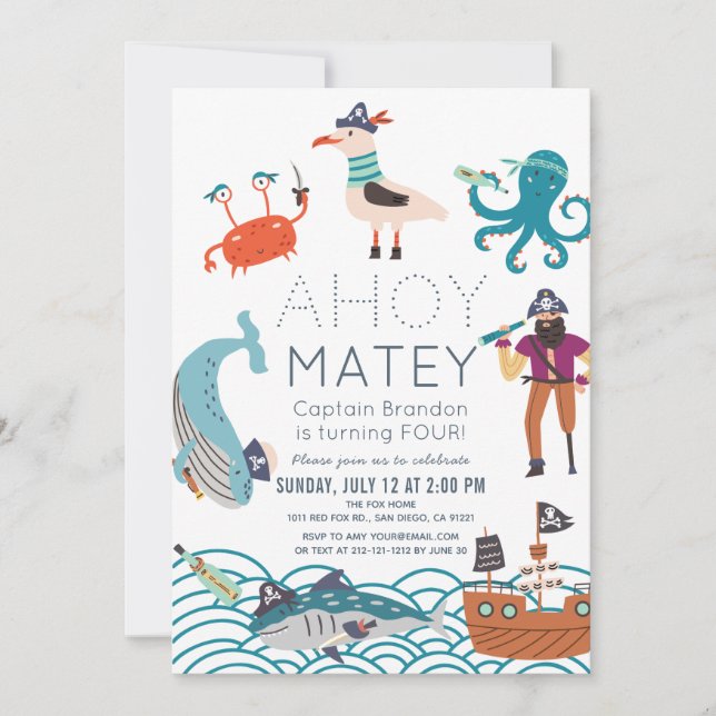 Convites Ahoy Matey Pirate Sea Animal Birthday (Frente)