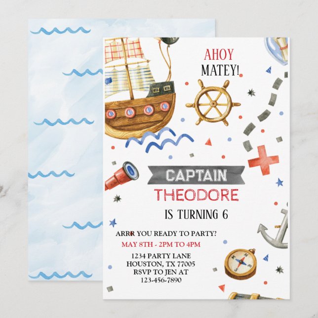 Convites Ahoy Matey Pirate Ship Boy Birthday (Frente/Verso)