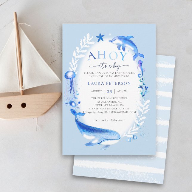 Convites Ahoy Sob Chá de fraldas Náutico De Animais Do Mar (ocean baby boy shower invitation ahoy under the sea whale dolphin watercolor beach nautical summer)