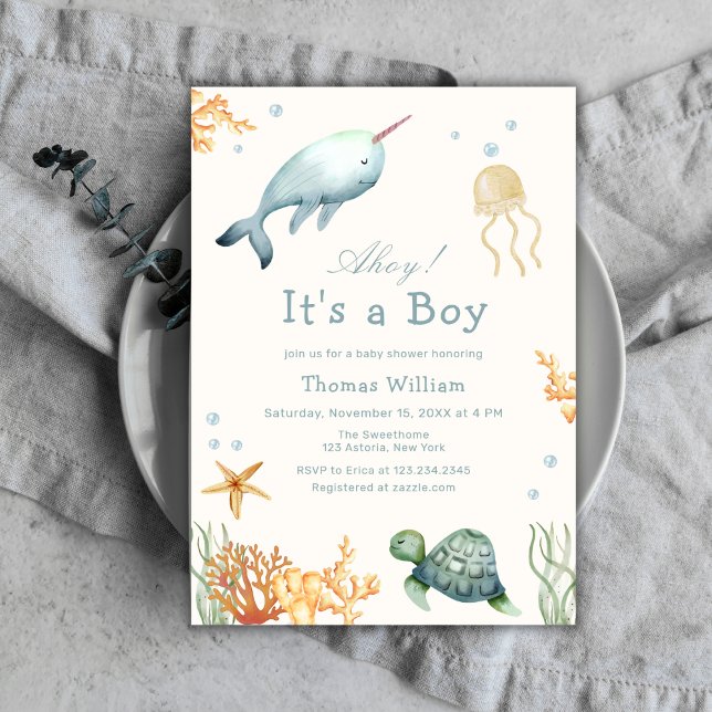 Convites Ahoy Sob O Chá de fraldas Do Garoto Da Baleia Do M (Ahoy Under The Sea Whale Boy Baby Shower Invitation)