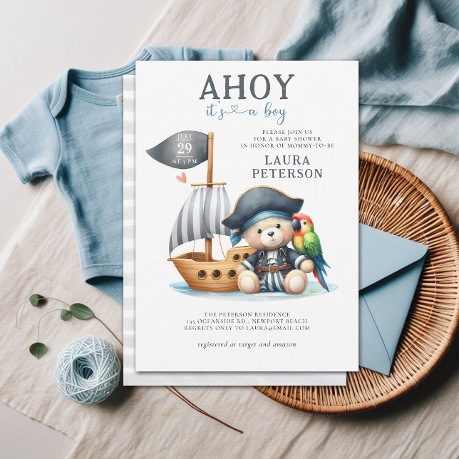 Convites Ahoy Teddy Bear Pirata Chá de fraldas de Garoto (ahoy boy baby shower invitation teddy bear pirate sailor boat captain cute watercolor character)