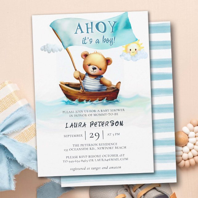 Convites Ahoy Teddy Bear Waves Boat Cute Boy Chá de fraldas (ahoy its a boy cute teddybear in boat ocean waves baby boy shower invitation watercolor elegant fun)