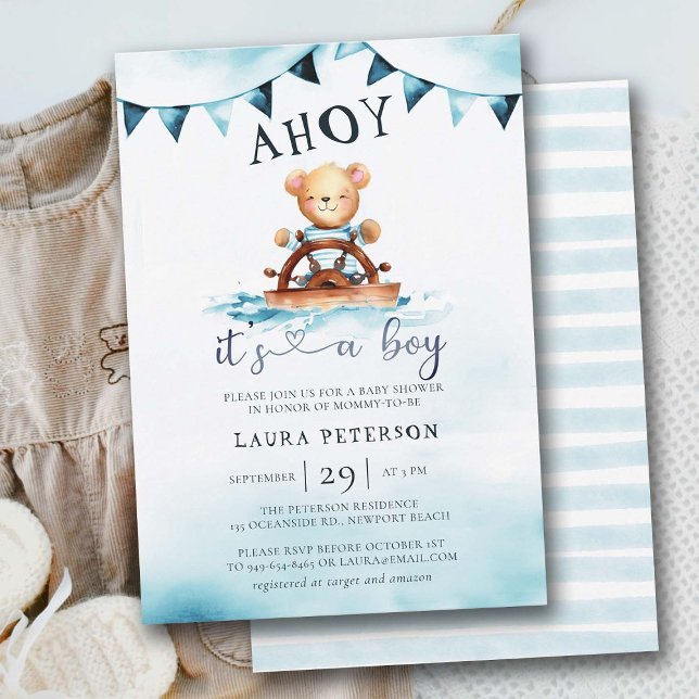 Convites Ahoy Teddy Bear Waves Boat Helm Boy Chá de fraldas (ahoy its a boy baby shower invitation teddy bear captain sailor boat helm nautical beach coastal)