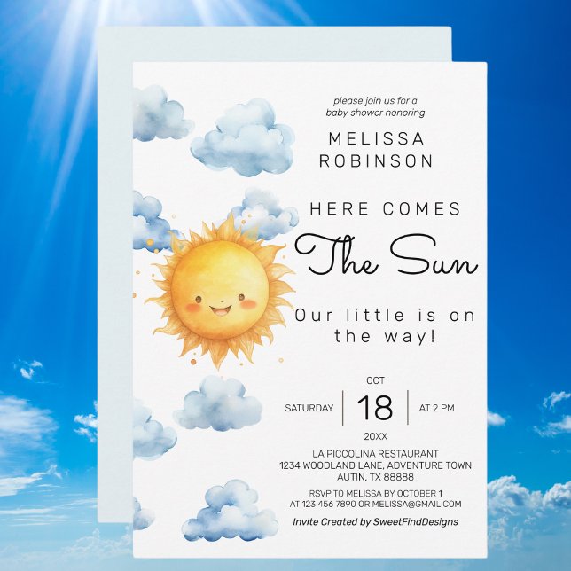 Convites Aí vem o Chá do Watercolor Baby Boy (Here comes the sun Watercolor Baby Boy Shower Invitation)