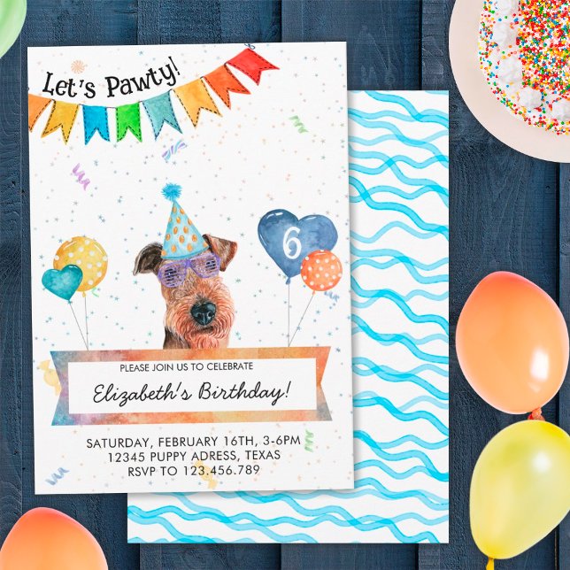 Convites Airedale Terrier Deixa Pawty Festa de Aniversário  (Front and Back)
