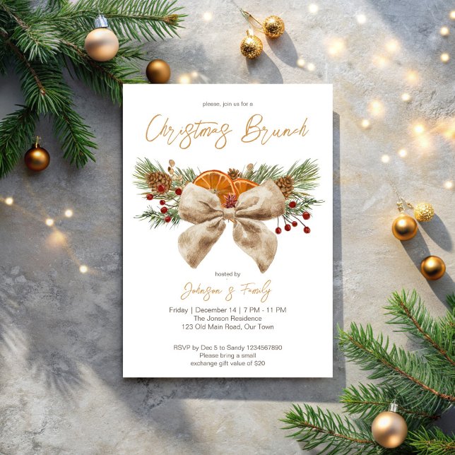 Convites Airelas de arco de pinheiras de Natal russas (Rustic Christmas brunch party invitation pines bow berries citrus Christmas dinner party Invitation)