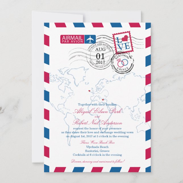 Convites Airmail Heart Ireland e Grécia Wedding (Frente)