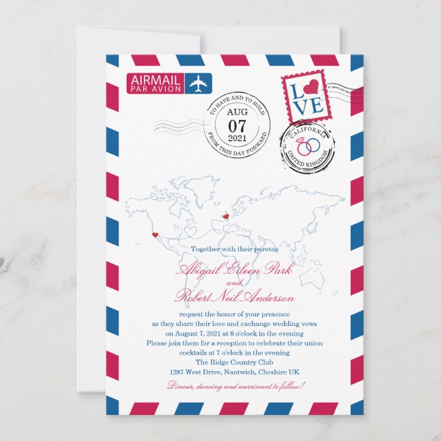 Convites Airmail Heart UK and California USA Wedding (Frente)