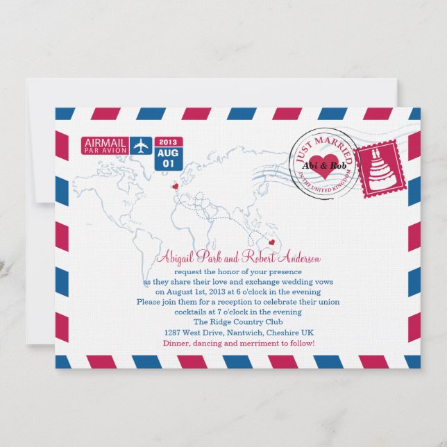 Convites Airmail Heart UK e Austraila Wedding (Frente)