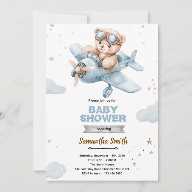 Convites Airplane Bear Baby Shower Invitation (Frente)