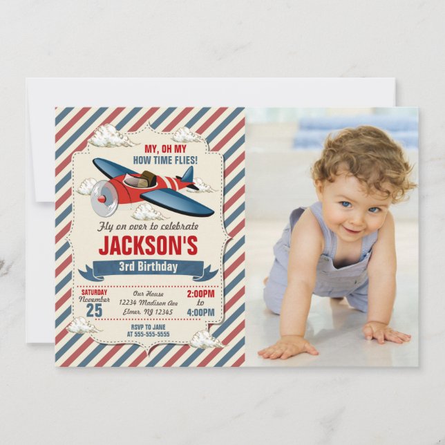 Convites Airplane Birthday Photo Invitation | Time Flies (Frente)