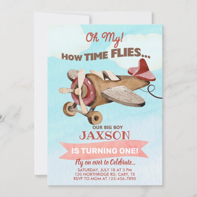 Convites Airplane time flies boy 1st first birthday invite. (Frente)