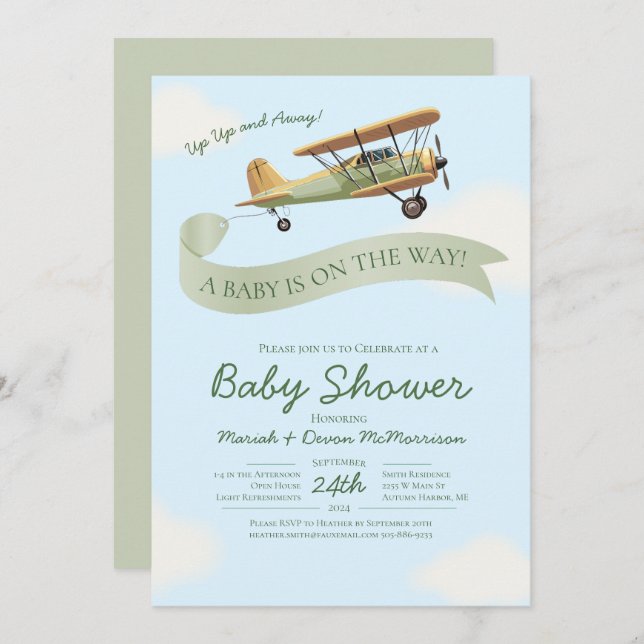 Convites Airplane Vintage Baby Shower Invitation (Frente/Verso)