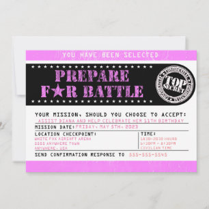 Convites Airsoft "Prepare-se para a Batalha" 5x7 Rosa Milit