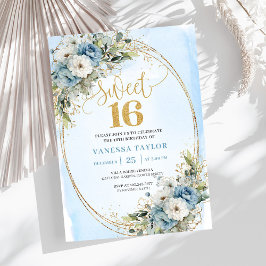 Convites Airy Dusty Blue Floral Greenery Sweet 16th Invite