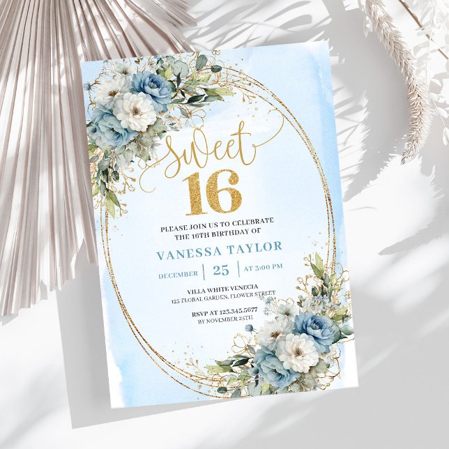 Convites Airy Dusty Blue Floral Greenery Sweet 16th Invite (Airy Dusty Blue Floral Greenery Sweet 16th Invite)