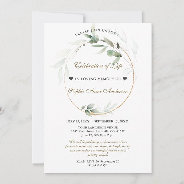 Convites Airy Greenery Celebração do Memorial Funeral da Vi (Frente)