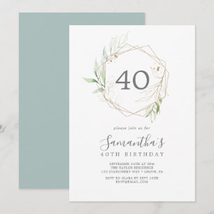 Convites Airy Greenery e Dourado Leaf aniversário de 40 an