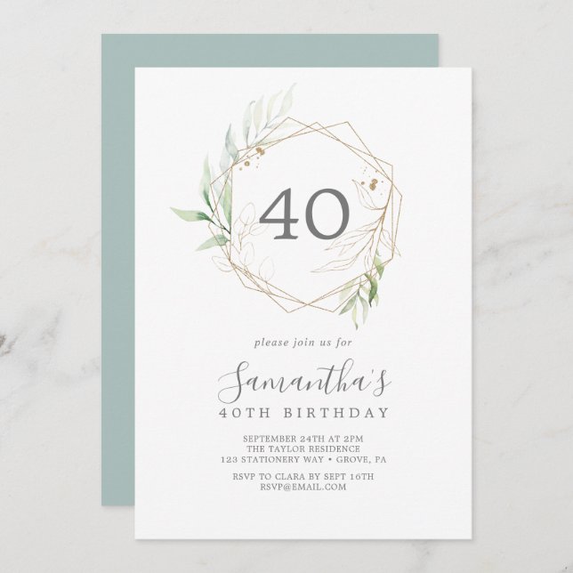 Convites Airy Greenery e Dourado Leaf aniversário de 40 ano (Frente/Verso)