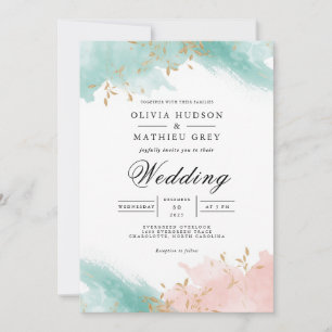 Convites Airy Teal Coral Flourish Wedding