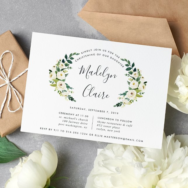 Convites Alabaster Laurel Christening ou Baptism Invitation (Criador carregado)