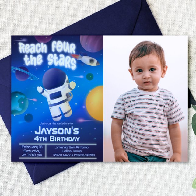 Convites Alcance Quatro as Estrelas - Espaço Sideral (Reach Four the Stars - Outer Space Landscape Invitation with Picture)