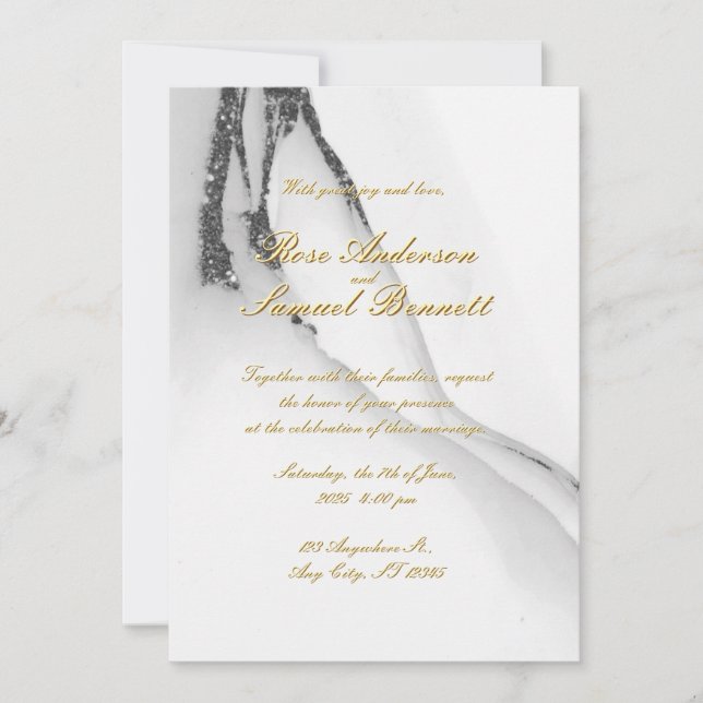 Convites Alcohol Ink Black White Glitter Wedding Invitation (Frente)
