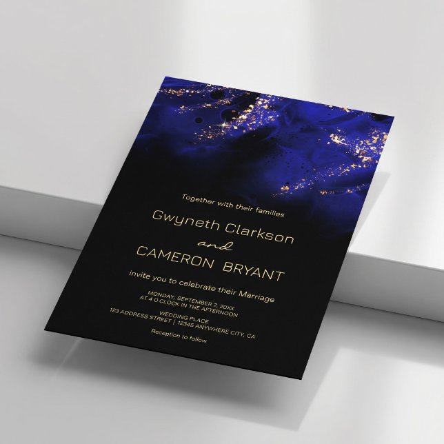 Convites Álcool Abstrato Azul Real e Dourado (Abstract Royal Blue and Gold Alcohol Invitation #galaxyweddinginvitation #sparklesinvitation #luxury)